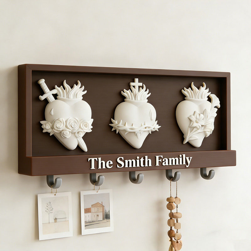 Personalized Sacred Hearts Wall Hanging Rack with Custom Family Name Catholic Home Decor Wall Art Key Hanger Religious Gift Catholic Gift