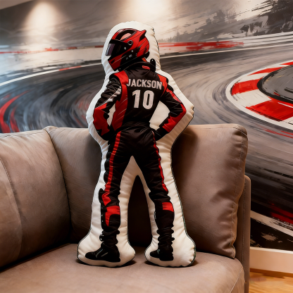 Personalized Racing Driver Shaped Pillow Custom Name and Number Race Suit Cushion Gift for Racing and Motorsport Lovers