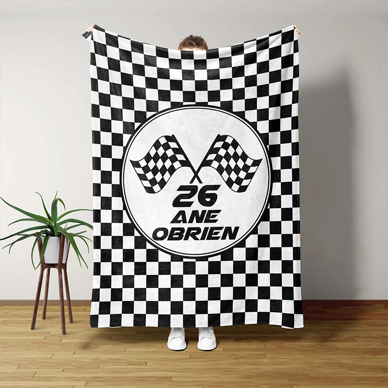 Personalized Racing Checkered Flag Blanket Custom Name and Number Blanket Gift for Racer and Racing Lovers