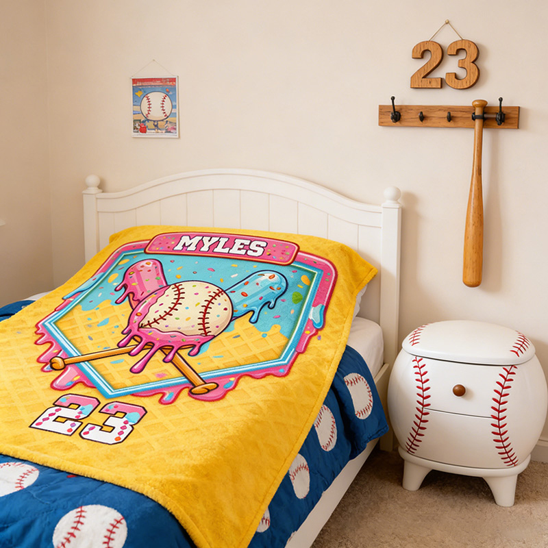 Personalized Baseball Blanket with Melting Ice Cream Baseball Custom Name and Number Baseball Lovers