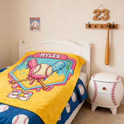 Personalized Baseball Blanket with Melting Ice Cream Baseball Custom Name and Number Baseball Lovers