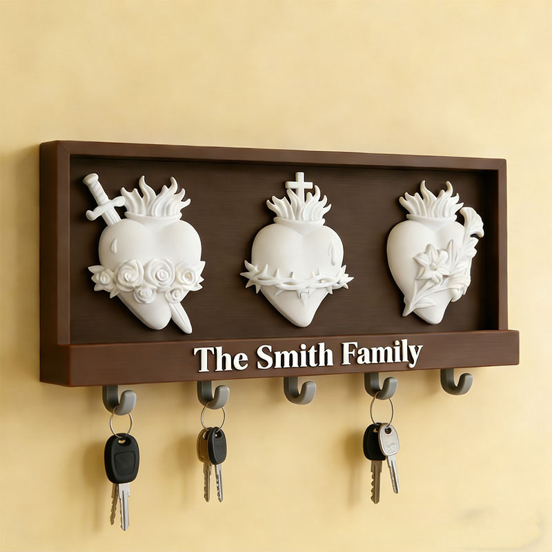 Personalized Sacred Hearts Wall Hanging Rack with Custom Family Name Catholic Home Decor Wall Art Key Hanger Religious Gift Catholic Gift