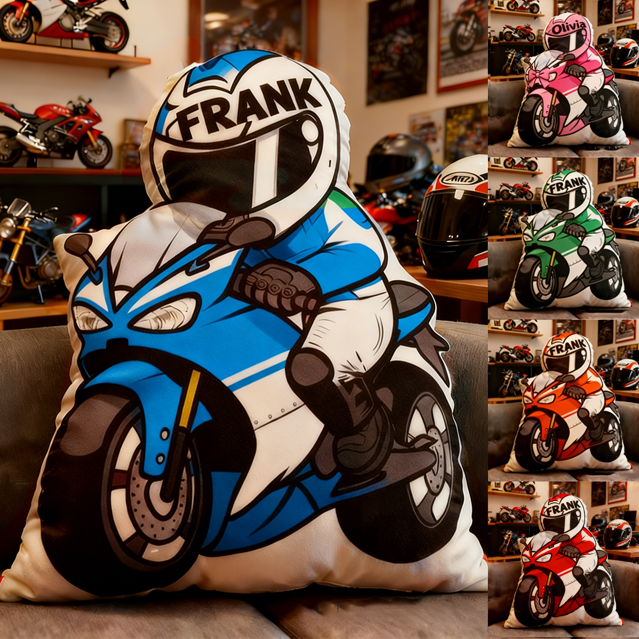 Personalized Biker Shaped Pillow Custom Name Cushion Gift for Motorcyclists and Motorcycle Enthusiasts