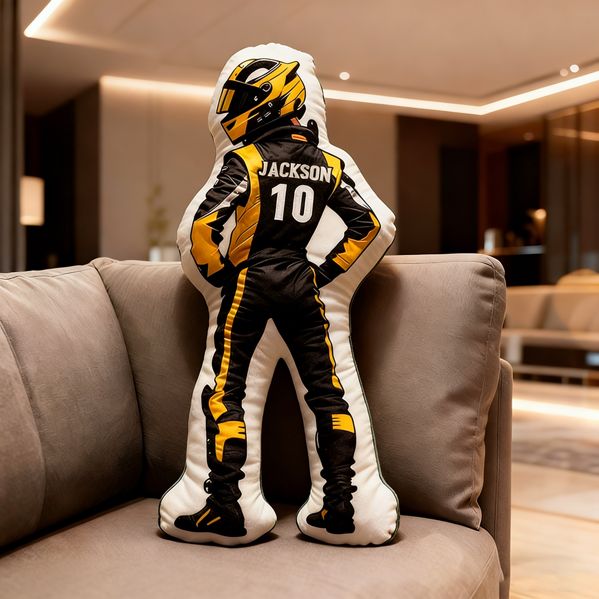 Personalized Racing Driver Shaped Pillow Custom Name and Number Race Suit Cushion Gift for Racing and Motorsport Lovers