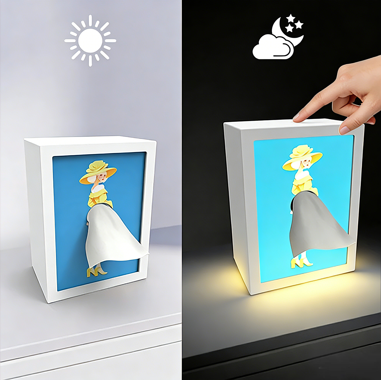 Illuminated photo frame tissue box with replaceable patterns, multi-functional tissue box for desktops, dining tables, beds, and cabinets.