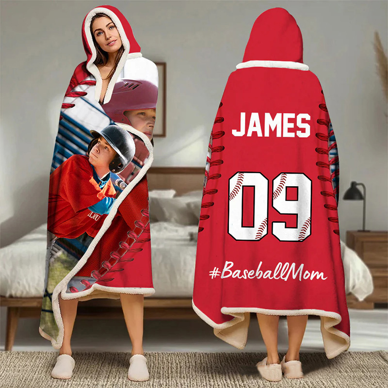 Personalized Photo Wearable Blanket Hoodie with Custom Name and Photo Baseball Mom