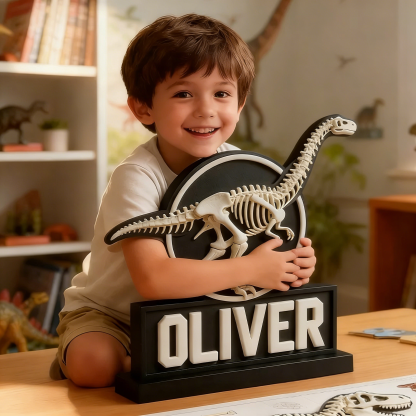 Personalized Sauropod Skeleton Name Sign - PLA 3D Printed Dino Decor, Custom Kids’ Room Accent, Gift for Paleontology Fans