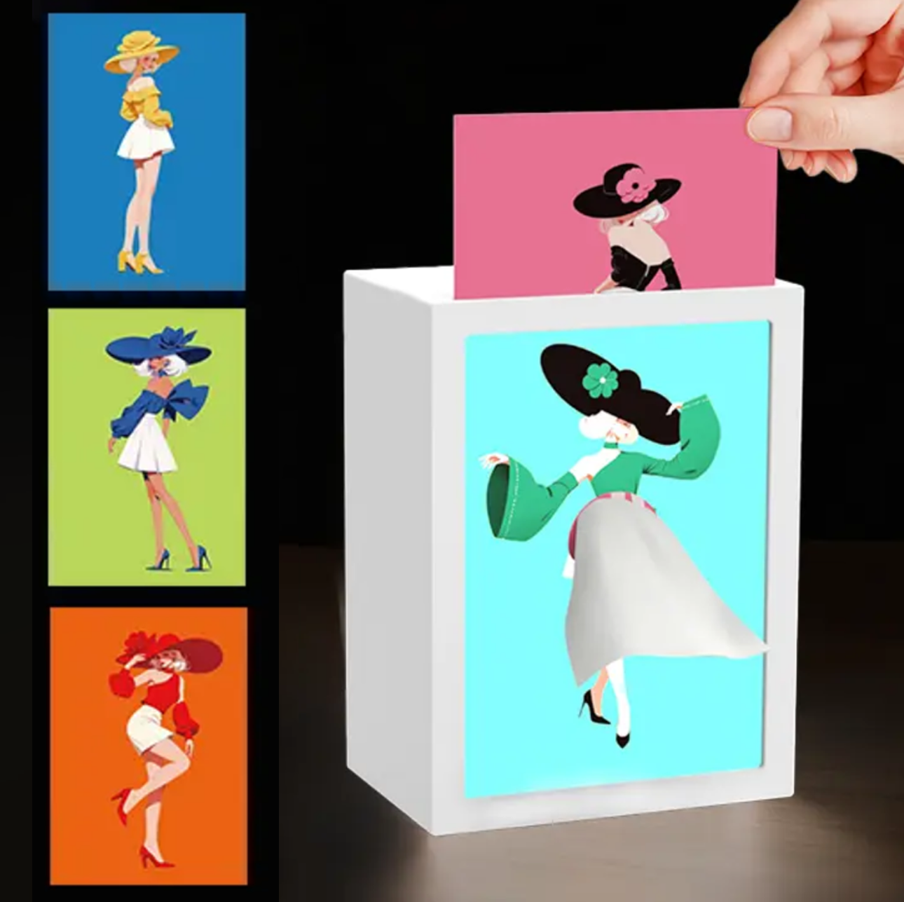 Illuminated photo frame tissue box with replaceable patterns, multi-functional tissue box for desktops, dining tables, beds, and cabinets.