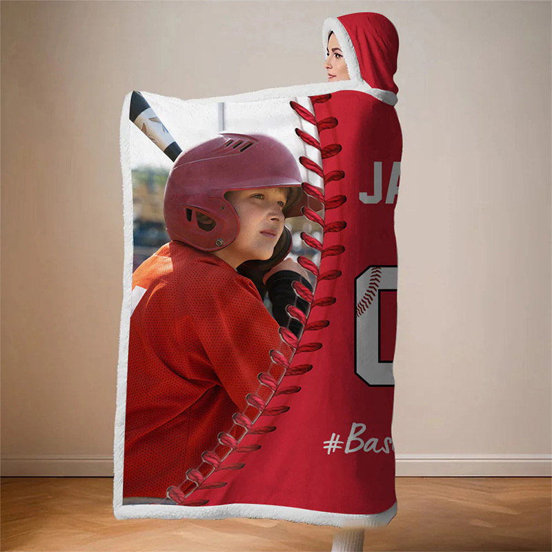 Personalized Photo Wearable Blanket Hoodie with Custom Name and Photo Baseball Mom