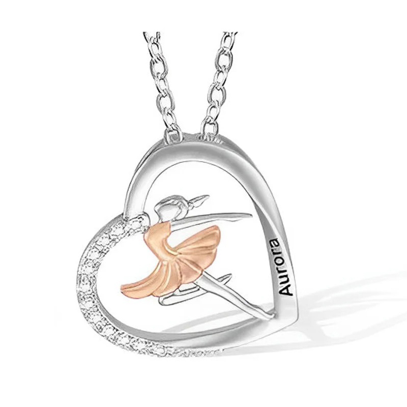 Personalized Ballet Dancing Girl Necklace with Zircon and Engraved Name Heart Pendant Jewelry Gift for Ballerina Dance Lover for Women Girls