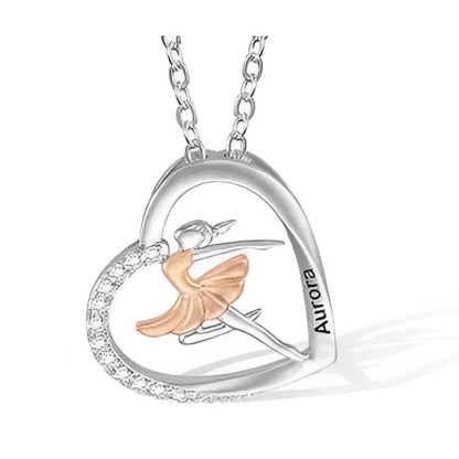 Personalized Ballet Dancing Girl Necklace with Zircon and Engraved Name Heart Pendant Jewelry Gift for Ballerina Dance Lover for Women Girls