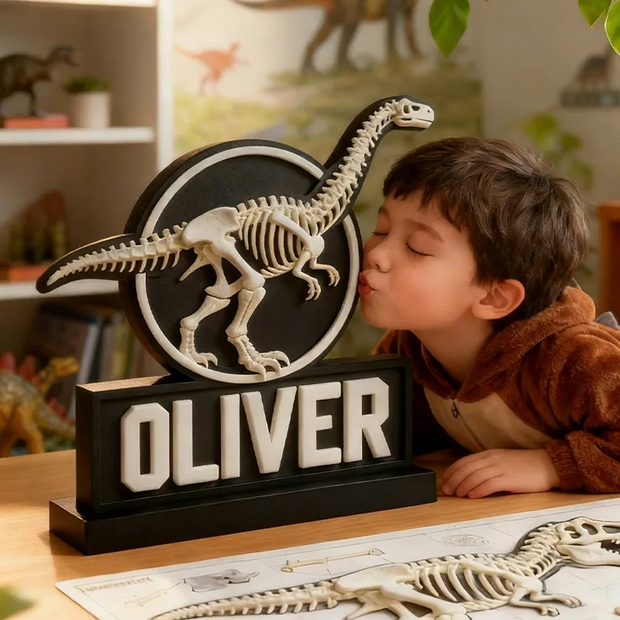 Personalized Sauropod Skeleton Name Sign - PLA 3D Printed Dino Decor, Custom Kids’ Room Accent, Gift for Paleontology Fans