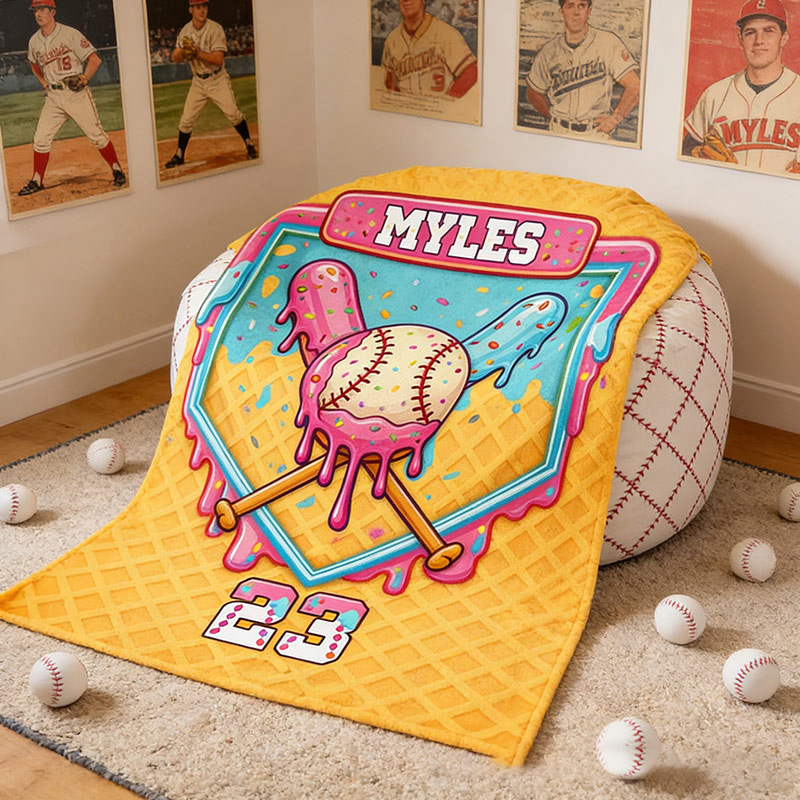 Personalized Baseball Blanket with Melting Ice Cream Baseball Custom Name and Number Baseball Lovers