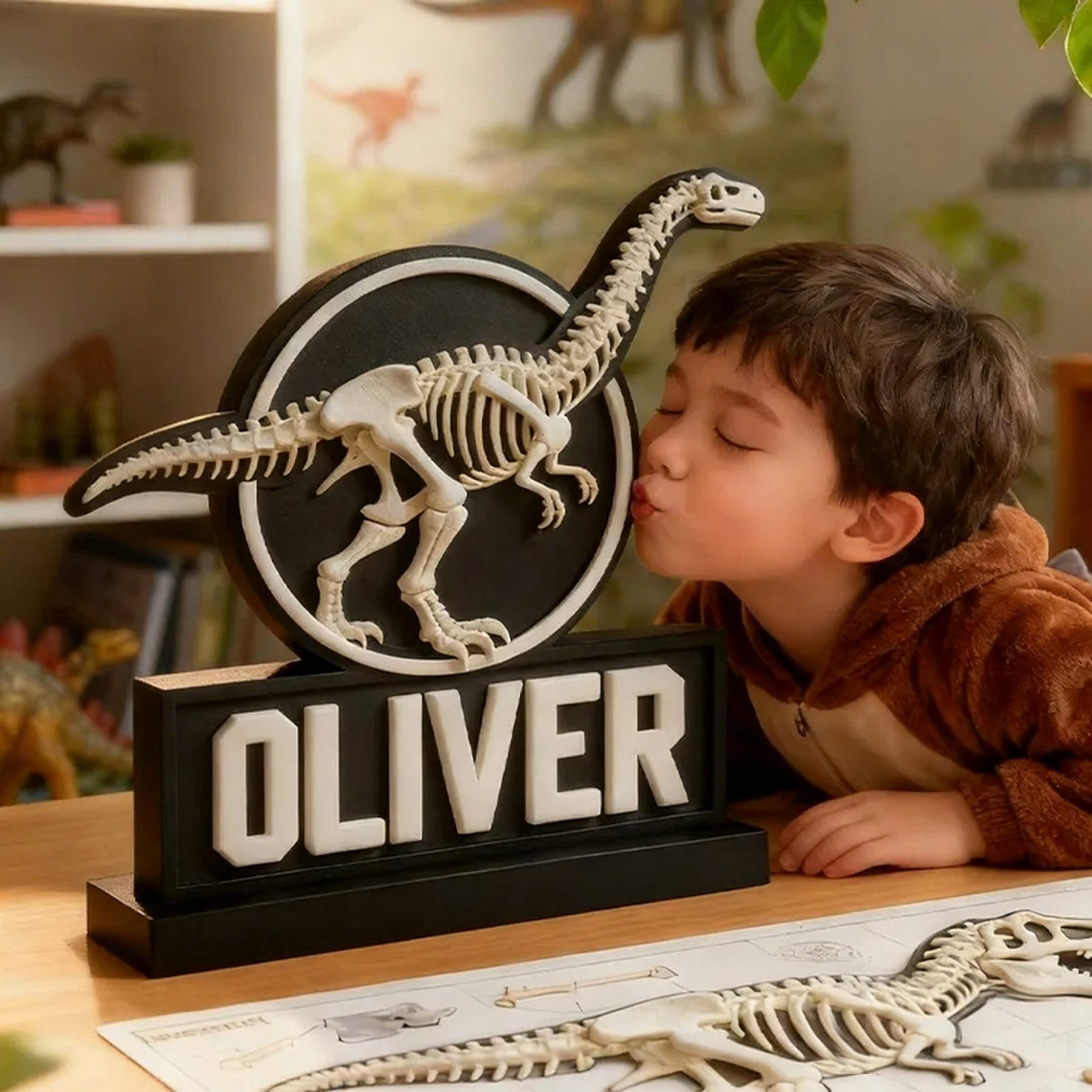 Personalized Sauropod Skeleton Name Sign - PLA 3D Printed Dino Decor, Custom Kids’ Room Accent, Gift for Paleontology Fans