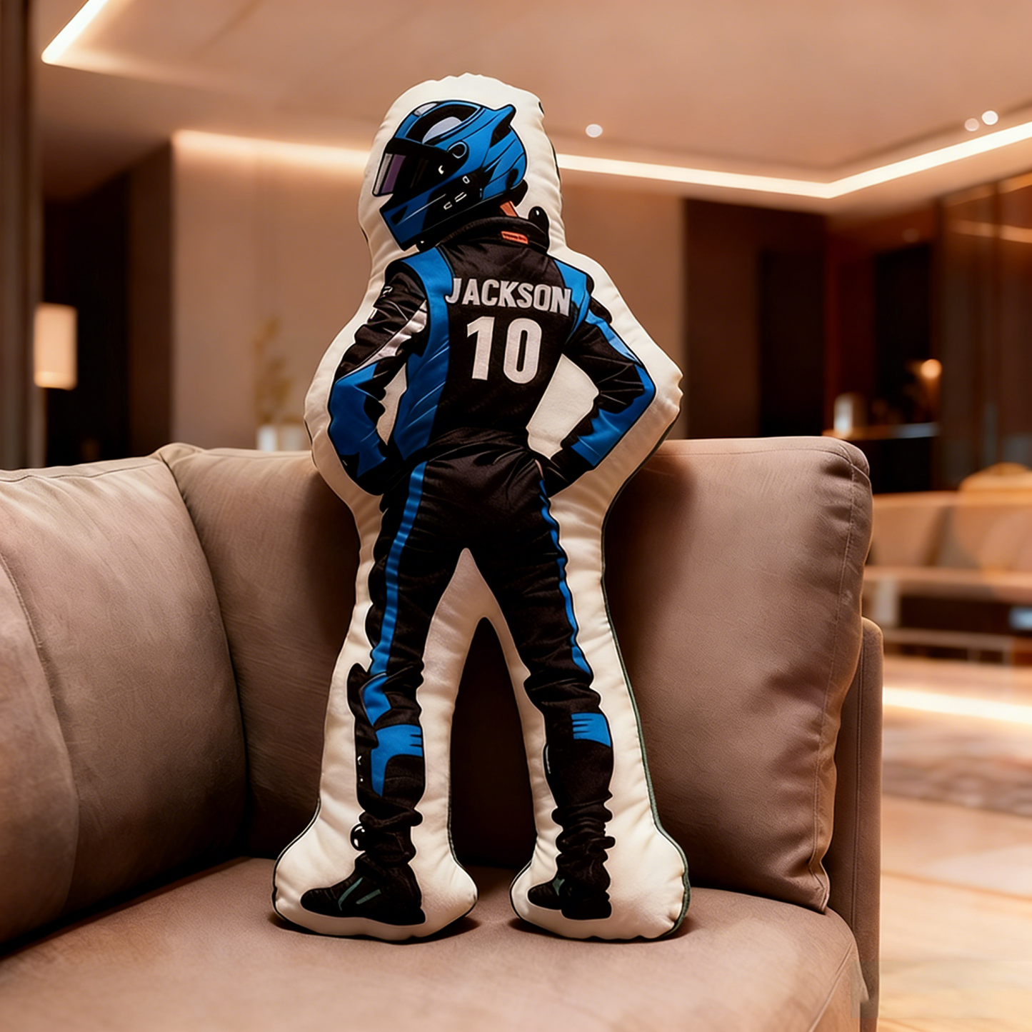 Personalized Racing Driver Shaped Pillow Custom Name and Number Race Suit Cushion Gift for Racing and Motorsport Lovers