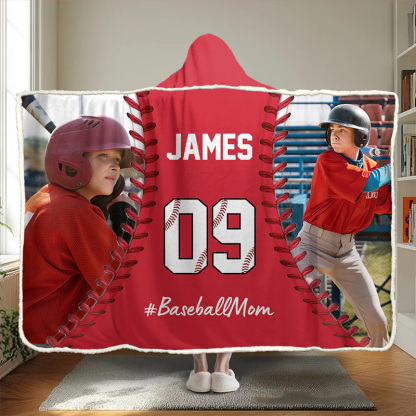 Personalized Photo Wearable Blanket Hoodie with Custom Name and Photo Baseball Mom