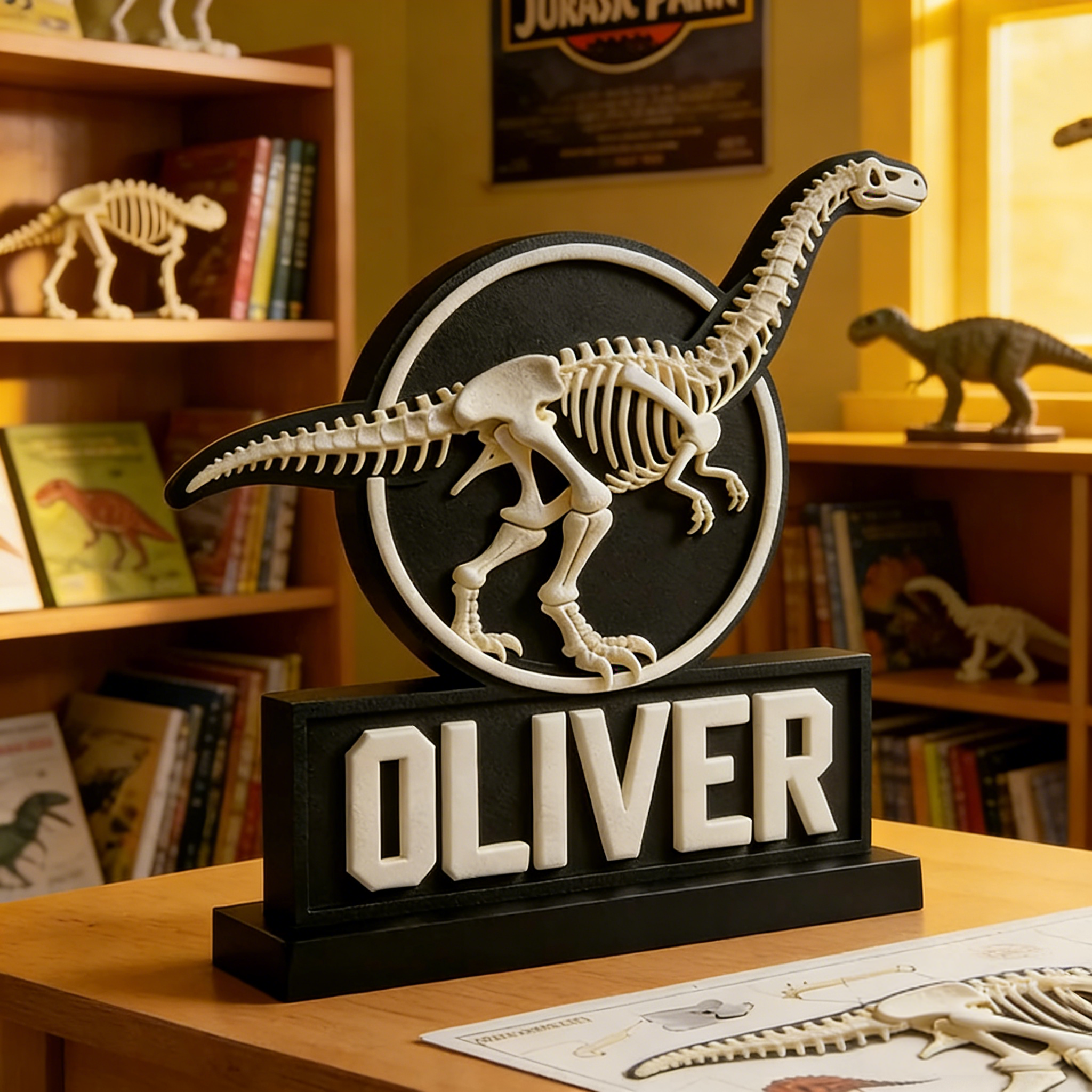Personalized Sauropod Skeleton Name Sign - PLA 3D Printed Dino Decor, Custom Kids’ Room Accent, Gift for Paleontology Fans