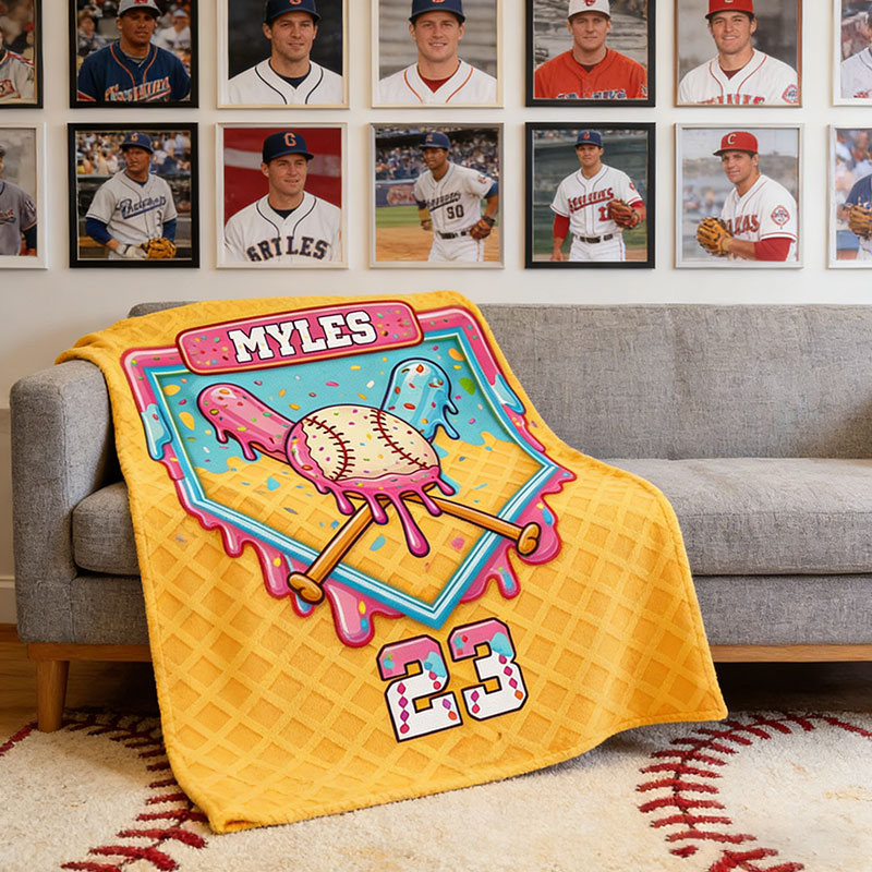 Personalized Baseball Blanket with Melting Ice Cream Baseball Custom Name and Number Baseball Lovers