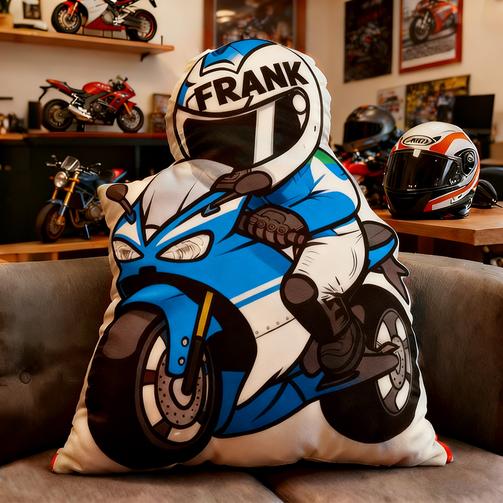 Personalized Biker Shaped Pillow Custom Name Cushion Gift for Motorcyclists and Motorcycle Enthusiasts
