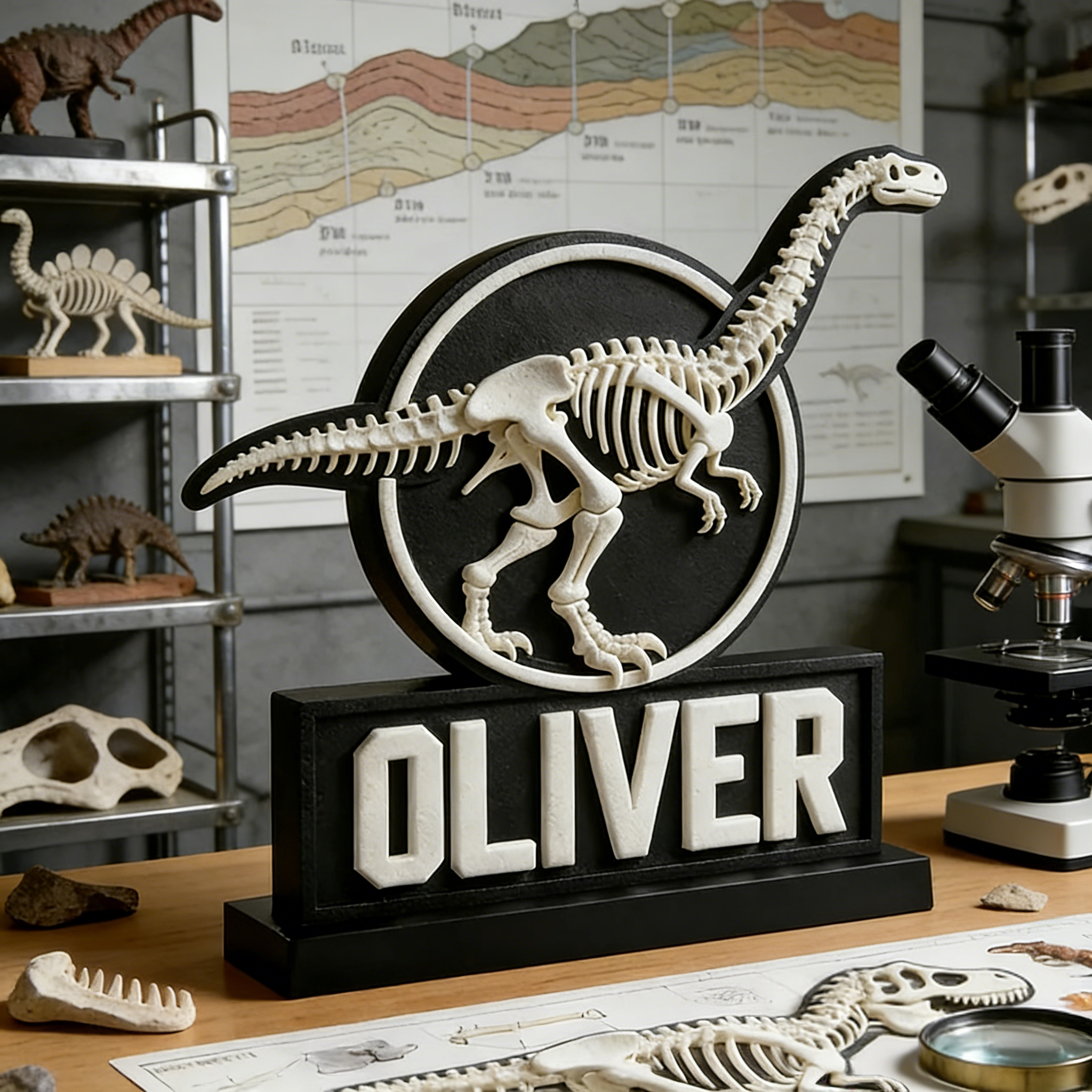 Personalized Sauropod Skeleton Name Sign - PLA 3D Printed Dino Decor, Custom Kids’ Room Accent, Gift for Paleontology Fans