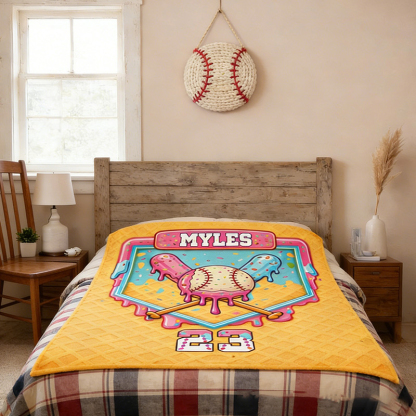 Personalized Baseball Blanket with Melting Ice Cream Baseball Custom Name and Number Baseball Lovers