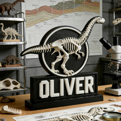 Personalized Sauropod Skeleton Name Sign - PLA 3D Printed Dino Decor, Custom Kids’ Room Accent, Gift for Paleontology Fans
