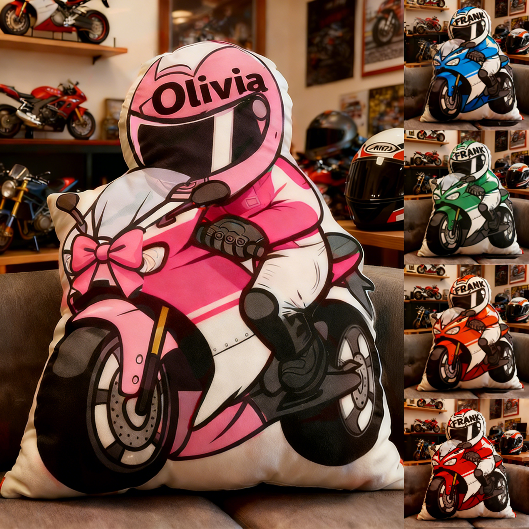 Personalized Biker Shaped Pillow Custom Name Cushion Gift for Motorcyclists and Motorcycle Enthusiasts