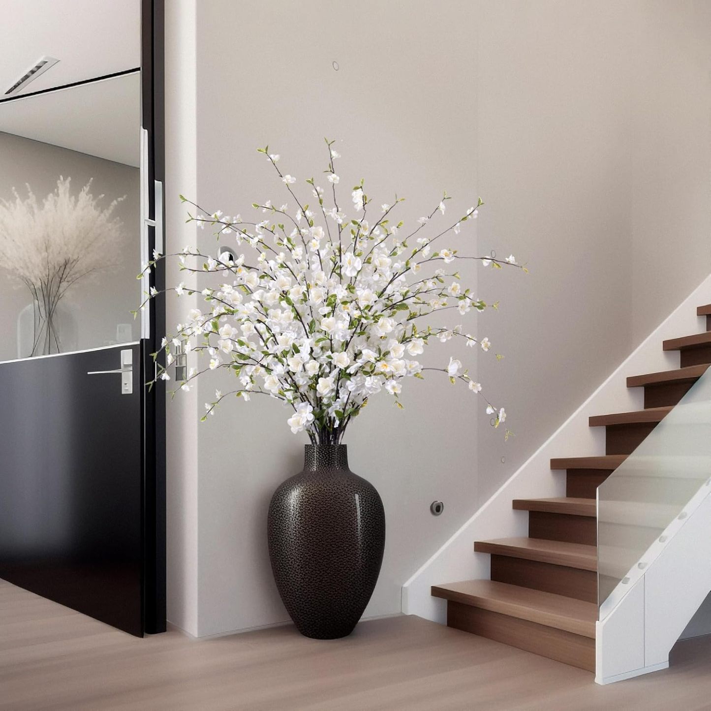 4 Pcs Artificial Cherry Blossom Flowers for Indoor Spring Decor, Faux Long Stem Peach Branches for Home Wedding Table Vase Summer Centerpieces Arrangement Decoration(White)