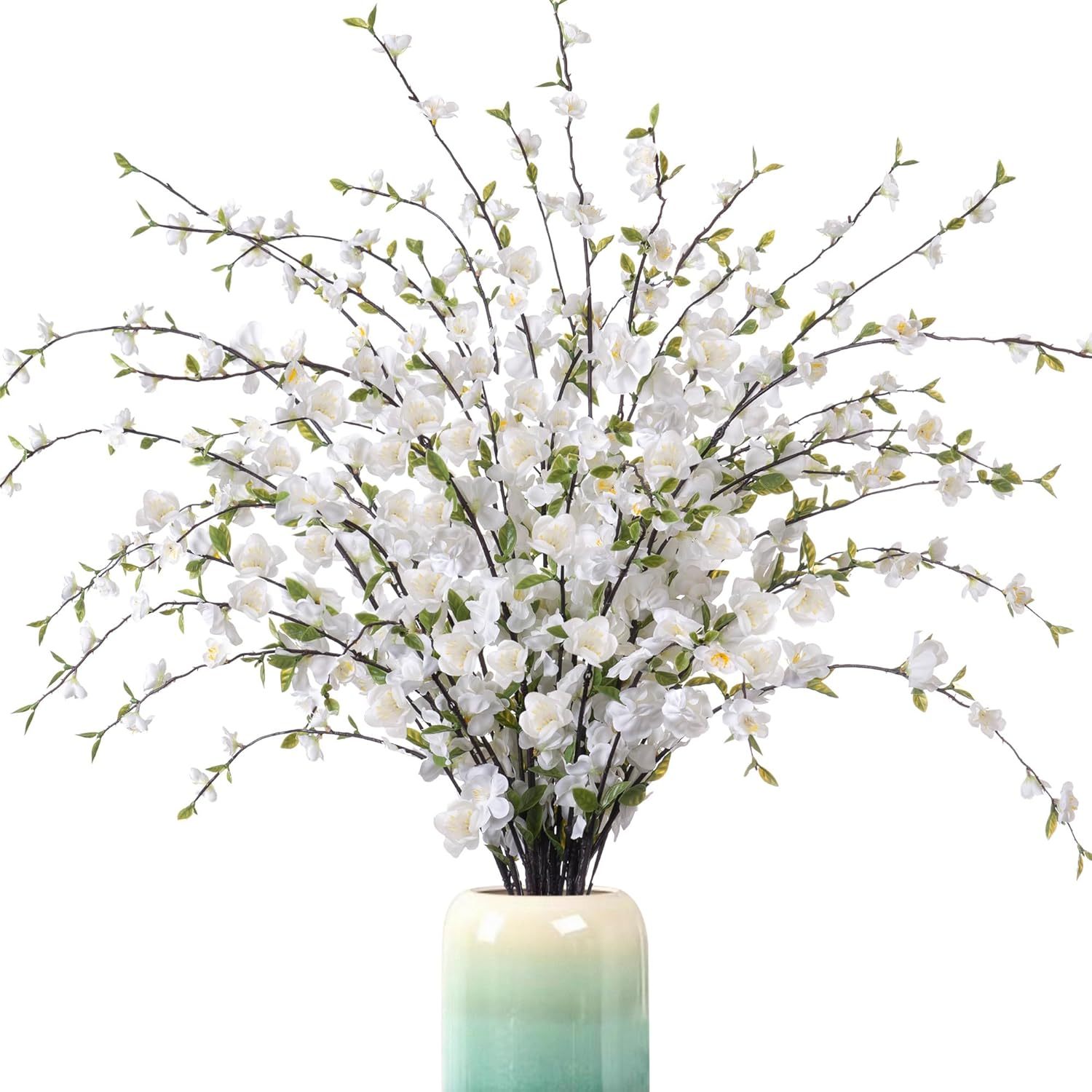 4 Pcs Artificial Cherry Blossom Flowers for Indoor Spring Decor, Faux Long Stem Peach Branches for Home Wedding Table Vase Summer Centerpieces Arrangement Decoration(White)