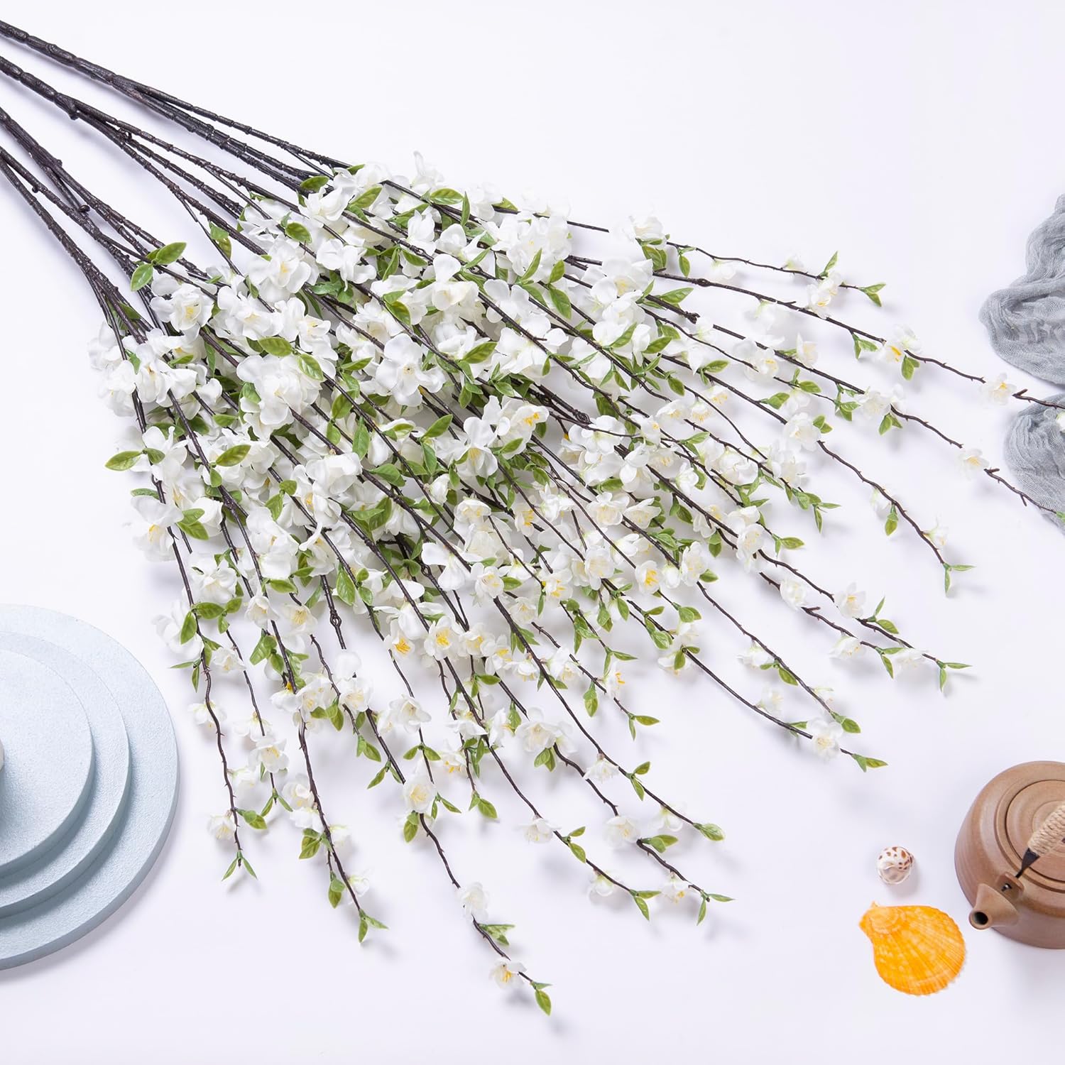 4 Pcs Artificial Cherry Blossom Flowers for Indoor Spring Decor, Faux Long Stem Peach Branches for Home Wedding Table Vase Summer Centerpieces Arrangement Decoration(White)