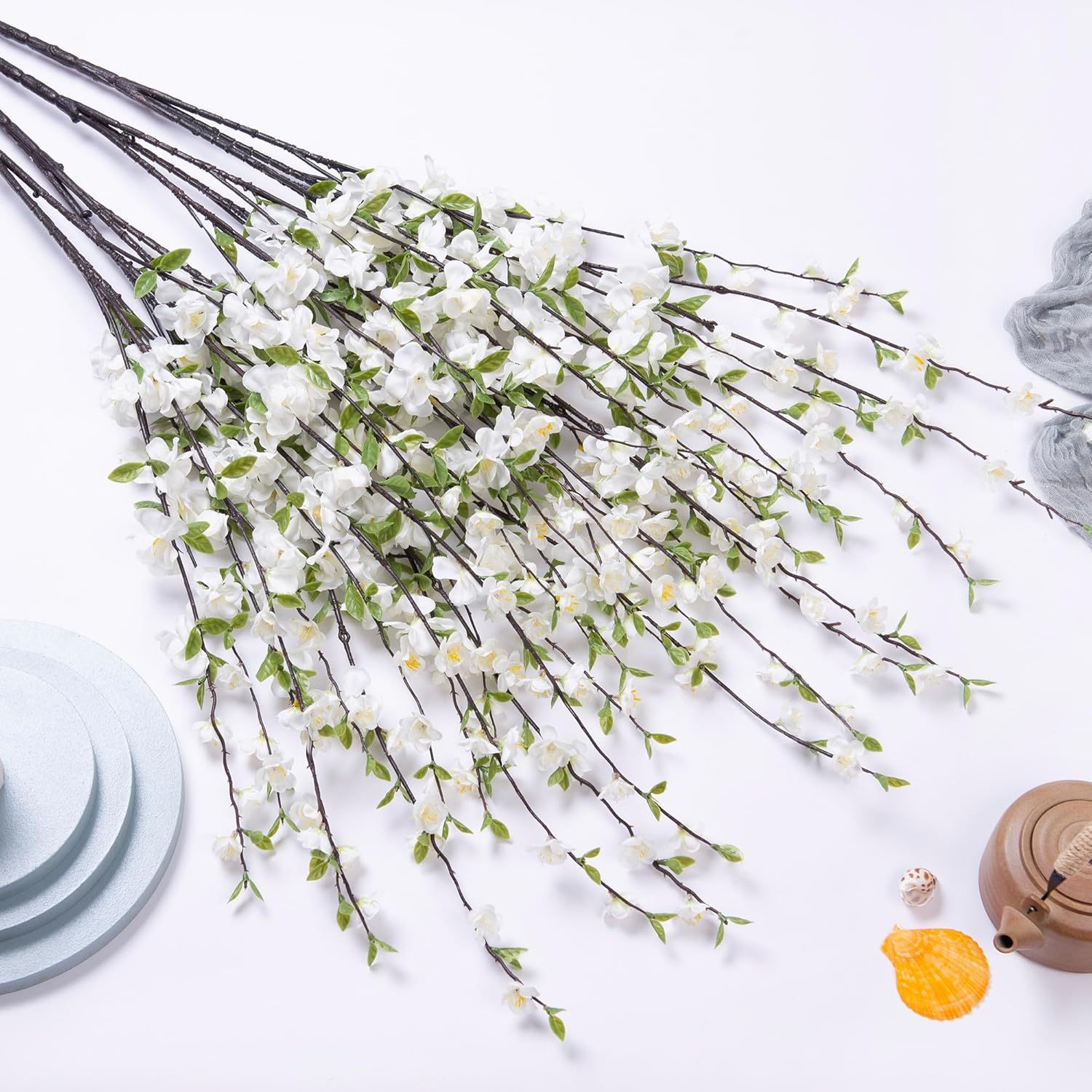 4 Pcs Artificial Cherry Blossom Flowers for Indoor Spring Decor, Faux Long Stem Peach Branches for Home Wedding Table Vase Summer Centerpieces Arrangement Decoration(White)