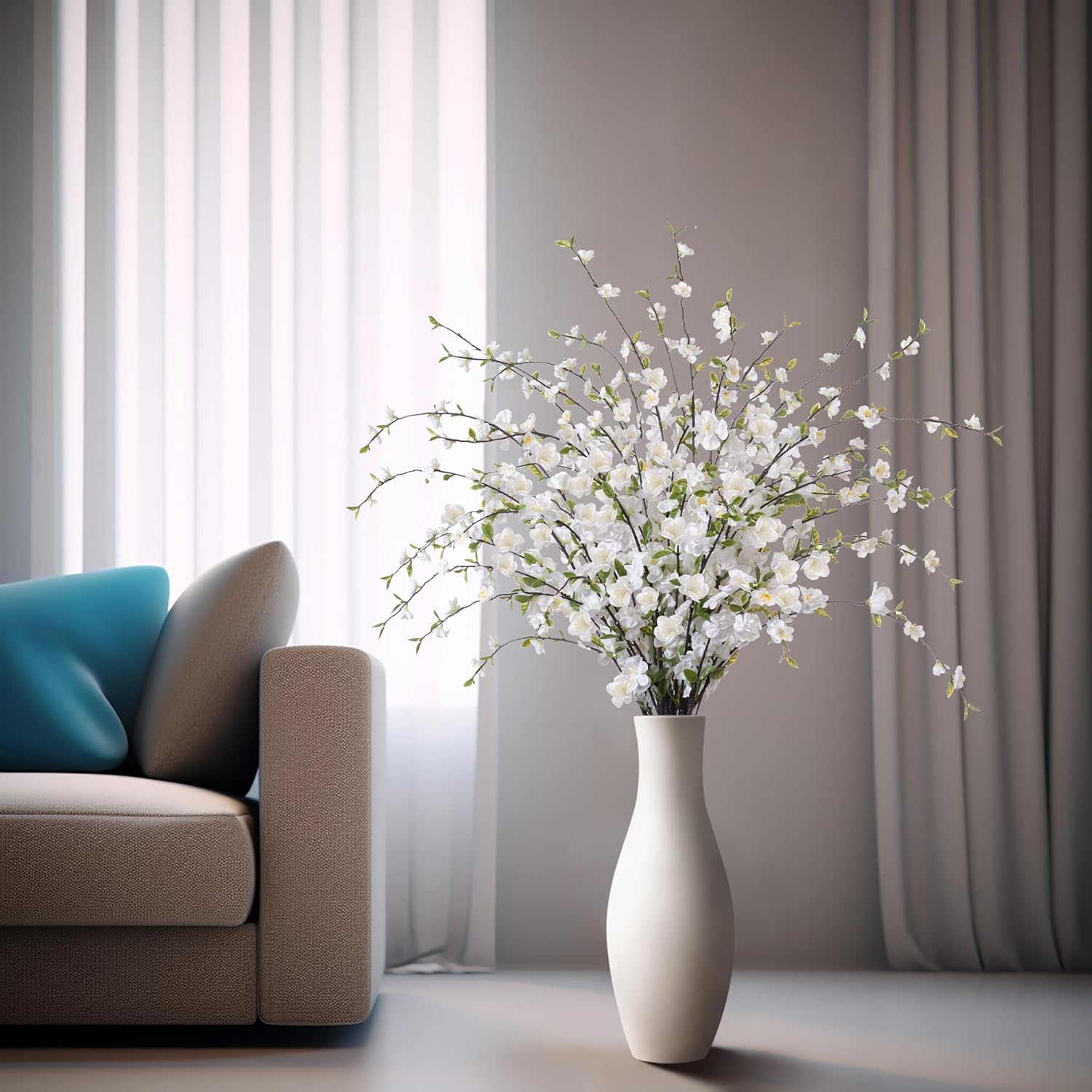 4 Pcs Artificial Cherry Blossom Flowers for Indoor Spring Decor, Faux Long Stem Peach Branches for Home Wedding Table Vase Summer Centerpieces Arrangement Decoration(White)