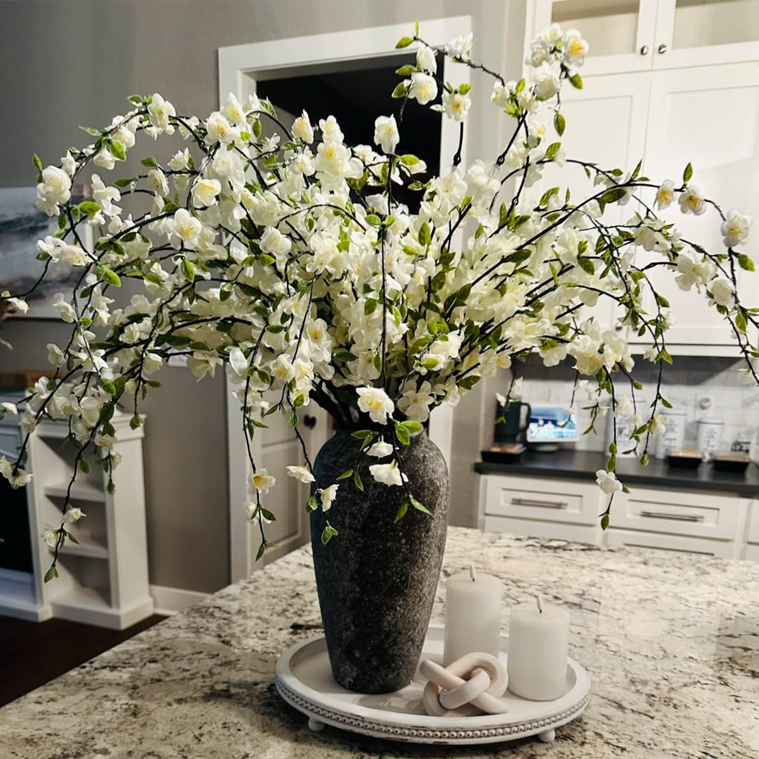 4 Pcs Artificial Cherry Blossom Flowers for Indoor Spring Decor, Faux Long Stem Peach Branches for Home Wedding Table Vase Summer Centerpieces Arrangement Decoration(White)