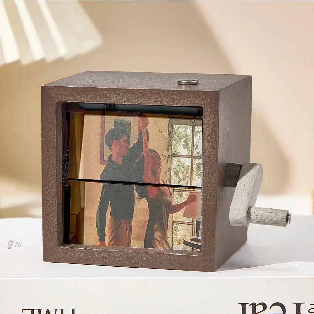 Custom Photo Flipbook Frame Animation Machine Mechanical Hand-cranked Flipbook Box Photo Album with Light Black Walnut Anniversary Gifts