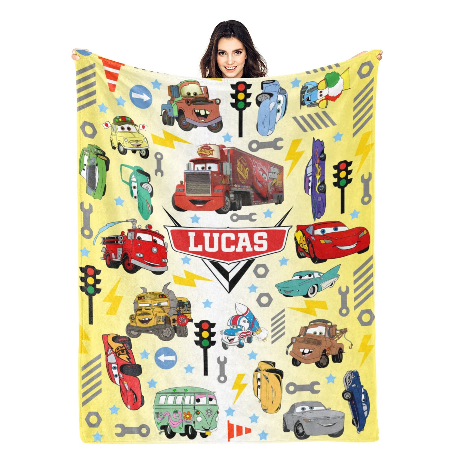 Personalized Cartoon Cars Name Blanket - Gift for Kid