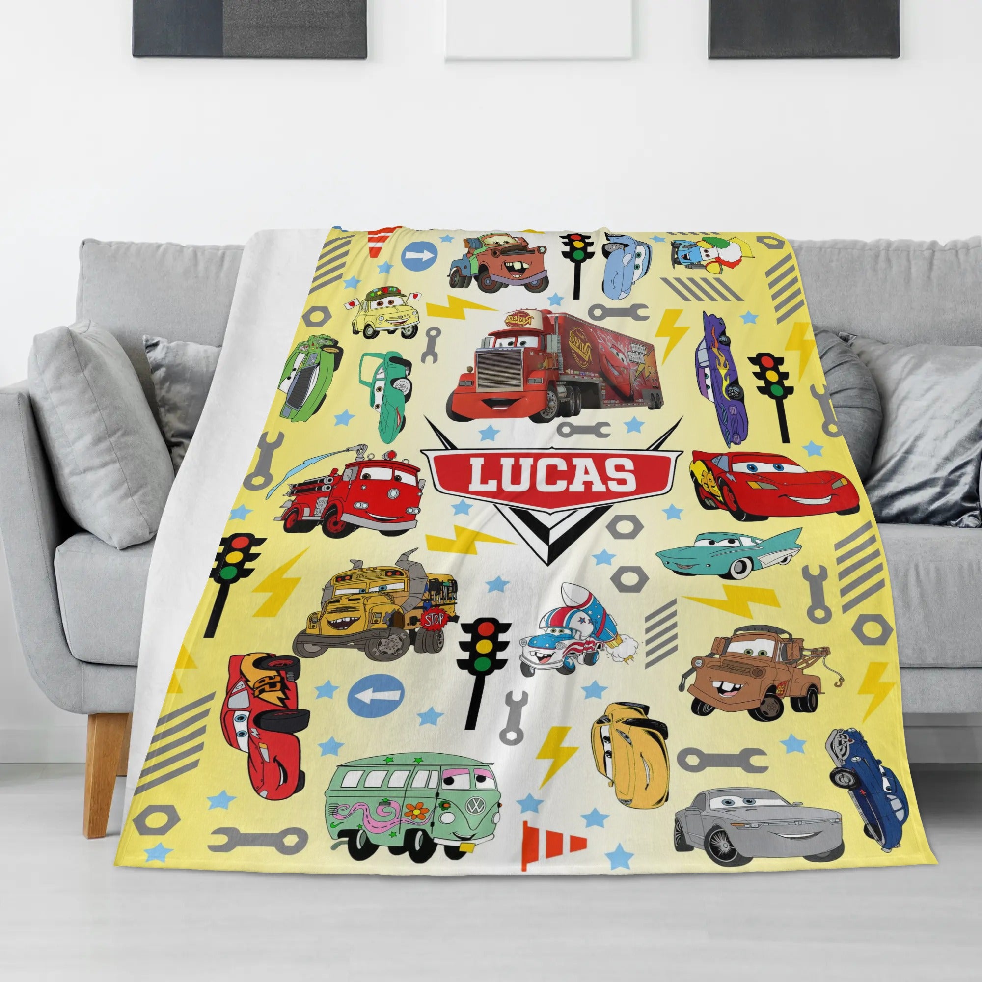 Personalized Cartoon Cars Name Blanket - Gift for Kid