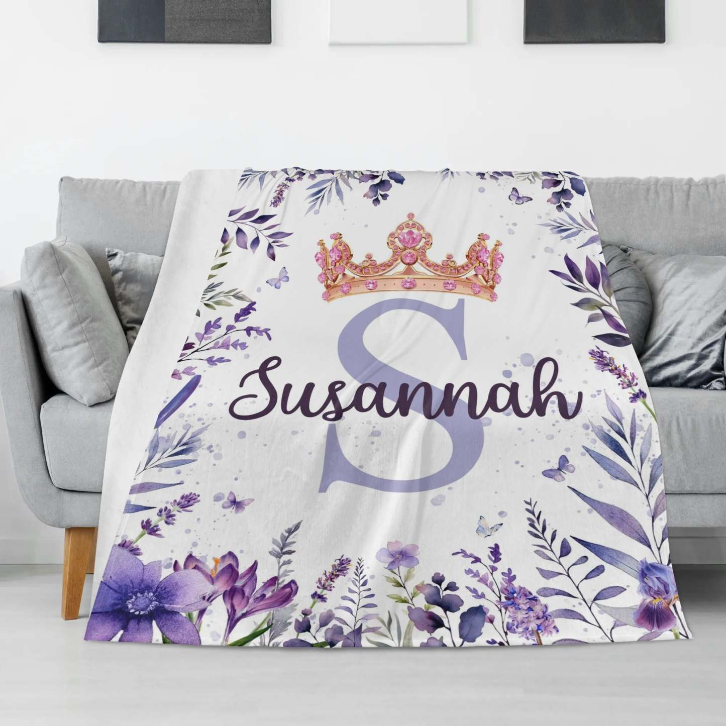 Personalized Watercolor Crown Name Blanket - Gift for Kids