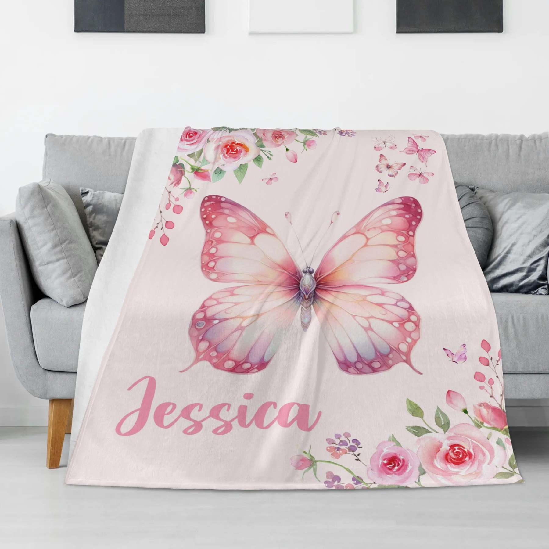 Personalized Watercolor Pink Butterfly Baby Name Blankets - Gift for B