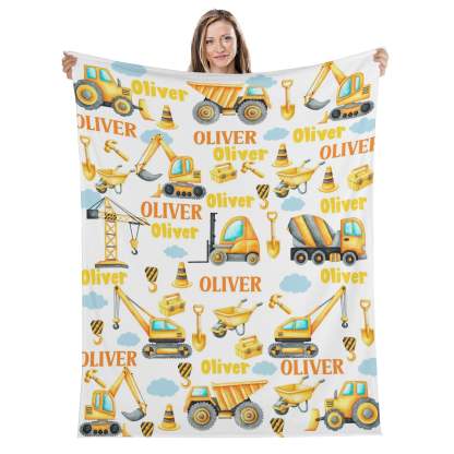 Personalized Yellow Construction Tool Truck Blanket - Gift for Kids