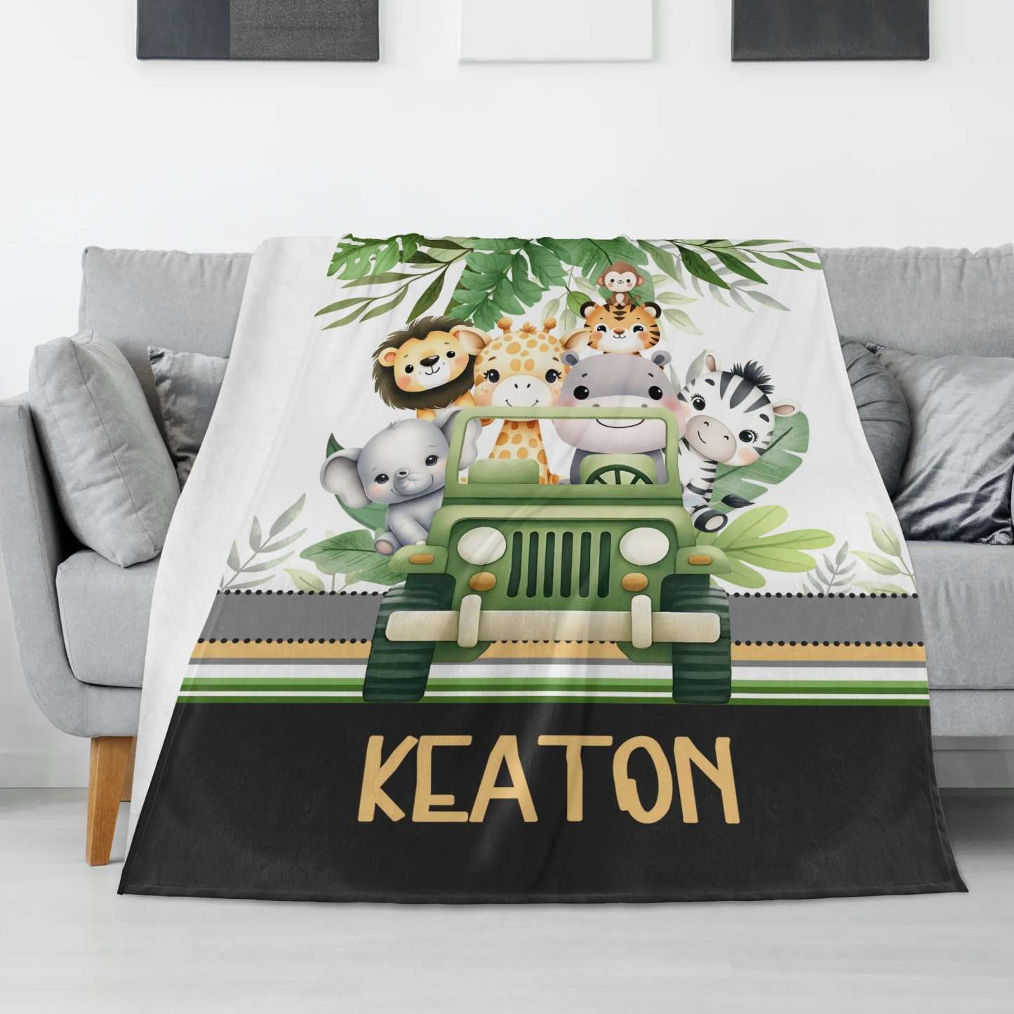 Personalized Watercolor Safari Animals Car Name Blanket - Gift for Kid