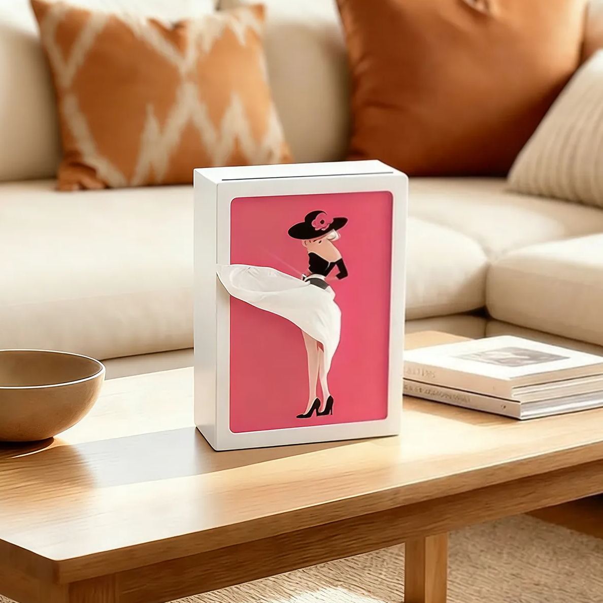 Illuminated photo frame tissue box with replaceable patterns, multi-functional tissue box for desktops, dining tables, beds, and cabinets.