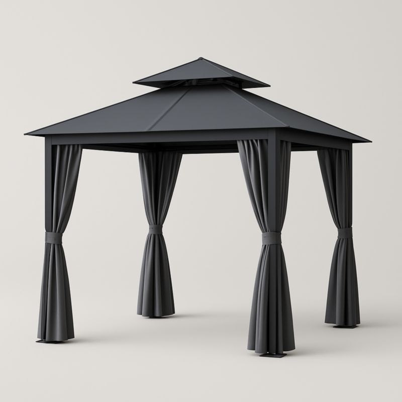 Gazebo in alluminio nero con tende in poliestere 300x300x250 cm-Kelonival