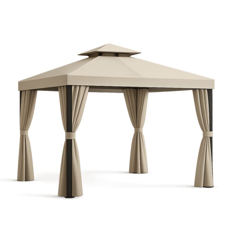 Gazebo in acciaio con tetto e tende in poliestere, colore beige, 300x400 cm-Kelonival