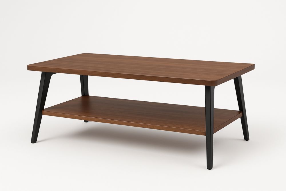 Table basse rectangulaire avec structure en acier et panneaux en bois composite, dimensions 110x60x45 cm