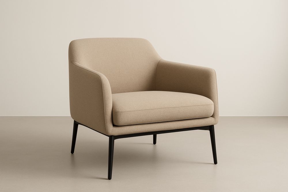 Fauteuil en tissu polyester beige avec des pieds en acier noir