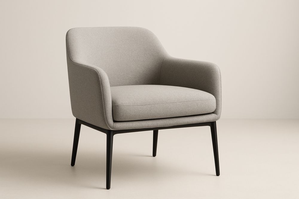 Fauteuil en tissu polyester gris clair avec des pieds en acier noir