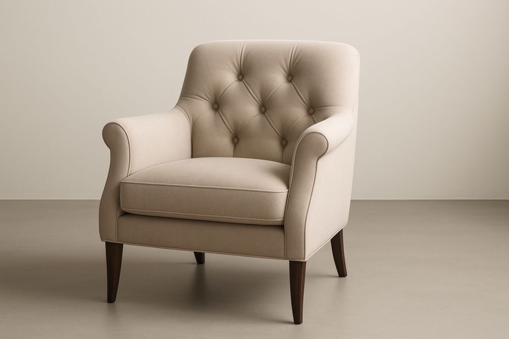 Fauteuil avec dossier capitonné, structure en bois massif et revêtement en tissu polyester beige