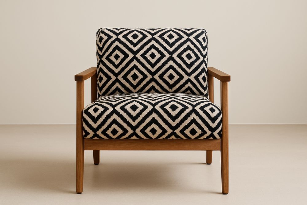 Fauteuil en bois massif avec tissu géométrique noir et blanc
