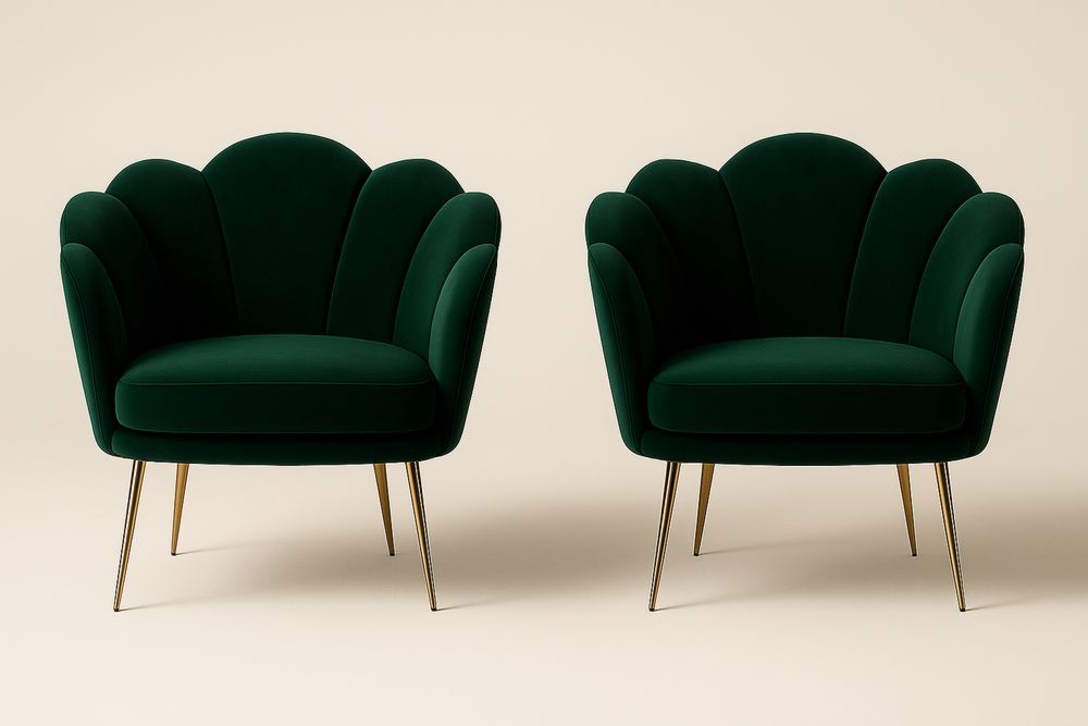 Lot de 2 fauteuils en velours vert avec pieds en acier doré