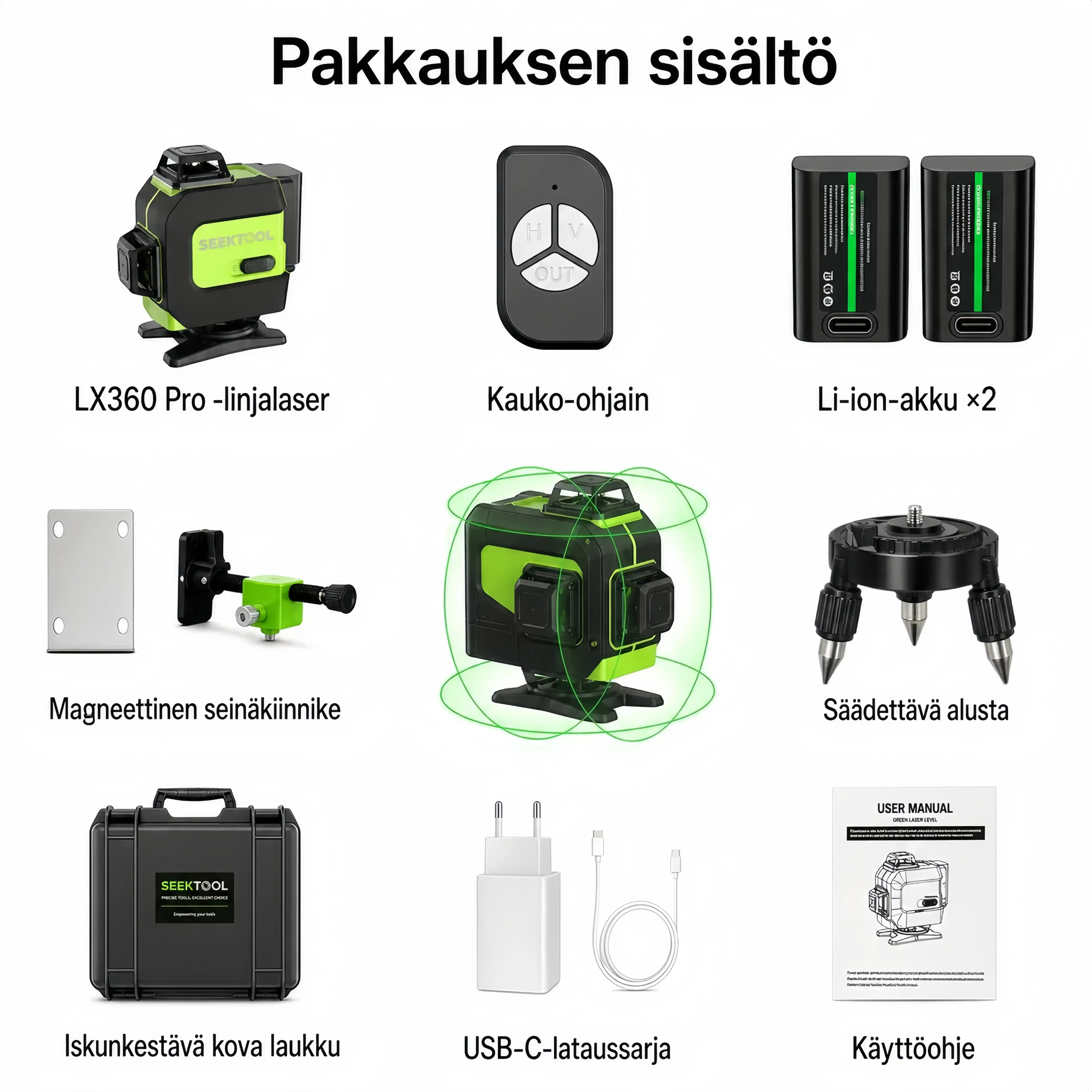 SEEKTOOL LX360 Pro 4 × 360° vihreä ristilinjalaser